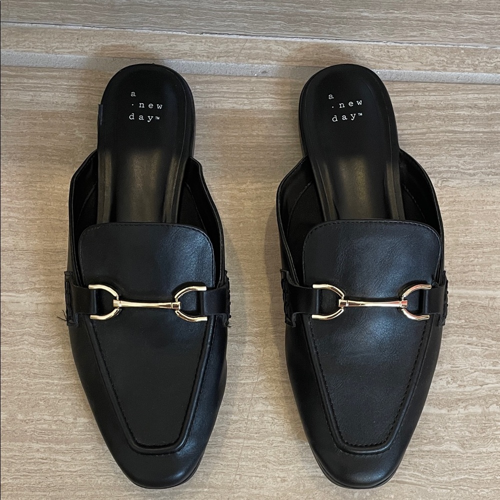 A New Day Black UGC Sz 9 Slip on Loafers with Metallic silver buckle detail - Picture 6 of 13